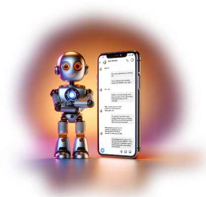 The BB9 robot mascot standing beside a phone showing a AI powered Instagram conversation