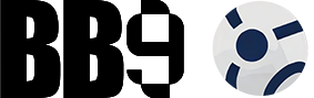 Logo with white letters 'BB9' beside a stylized dark blue and gray geometric shape.