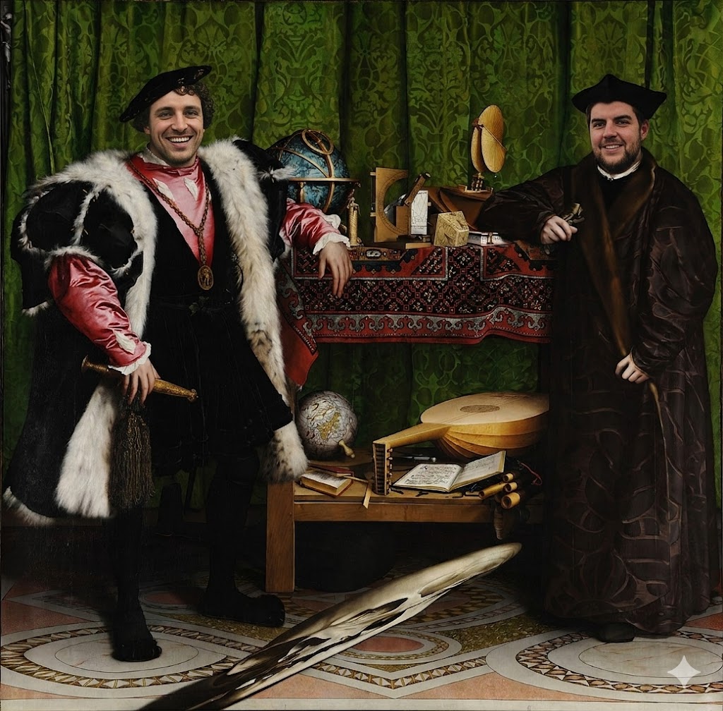 Two men in Renaissance clothing posing in front of a table with globes, books, and musical instruments.