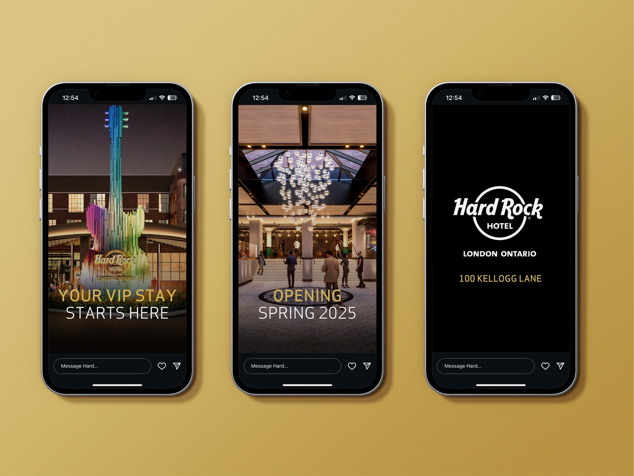 Three smartphones displaying Hard Rock Hotel London Ontario Instagram stories with a colorful guitar statue, a hotel lobby, and the hotel logo with address 100 Kellogg Lane.