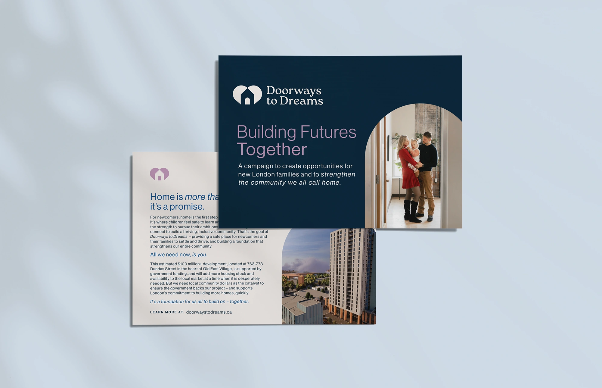 Promotional campaign mockup for Doorways to Dreams featuring a brochure and poster with the headline “Building Futures Together,” alongside a photo of a family and a rendering of a new residential building.