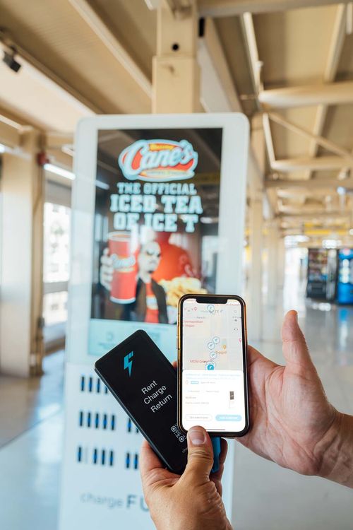 adFUZE digital signage on chargeFUZE stations in Las Vegas Monorail