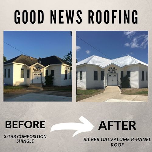 Before and after of First Baptist Church roof replacement by Good News Roofing, upgraded from 3-tab composition shingle to silver Galvalume R-panel roof
