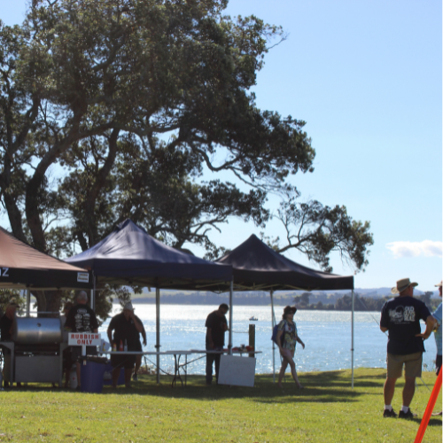 People near three black canopy tents set up on grass by Harbour with large trees and a clear blue sky.