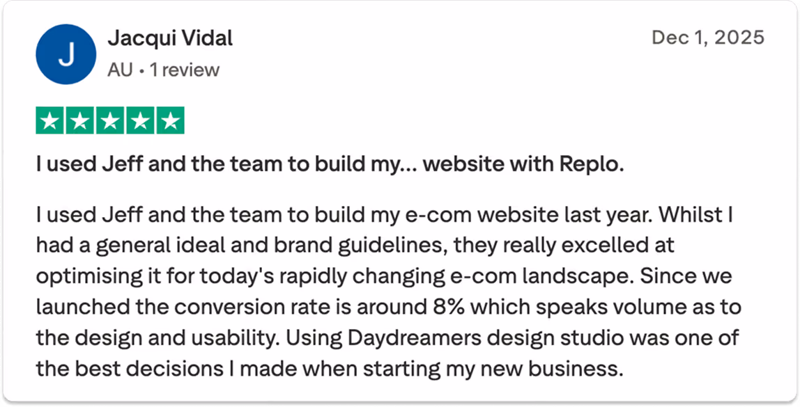 Review by Jacqui Vidal from Australia dated Dec 1, 2025, praising Jeff and team's work on building an e-commerce website with Replo, highlighting an 8% conversion rate and great design and usability by Daydreamers design studio.