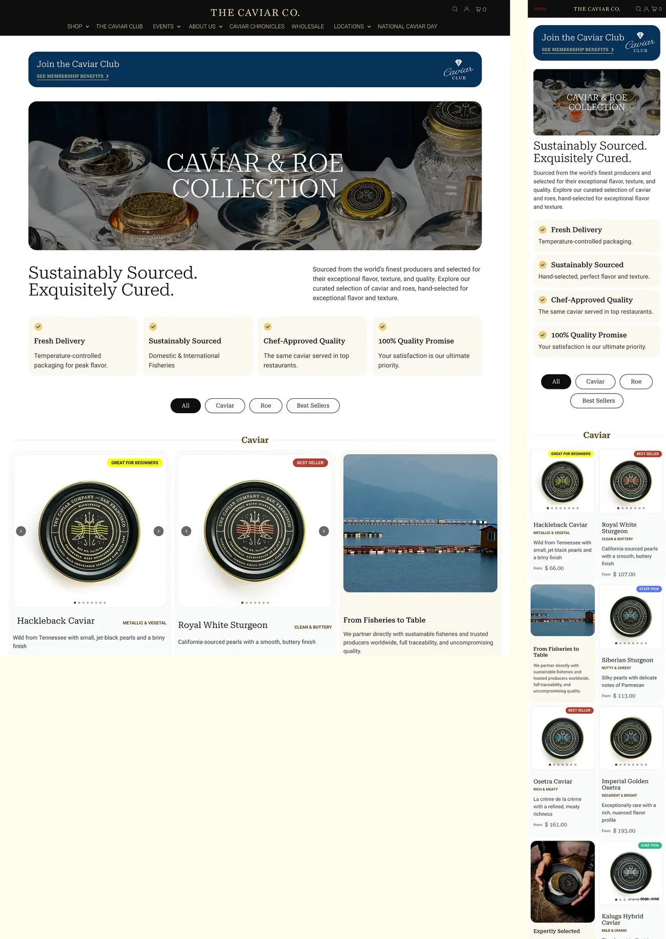 The Caviar Co. collection and product experience on desktop and mobile after the CRO program