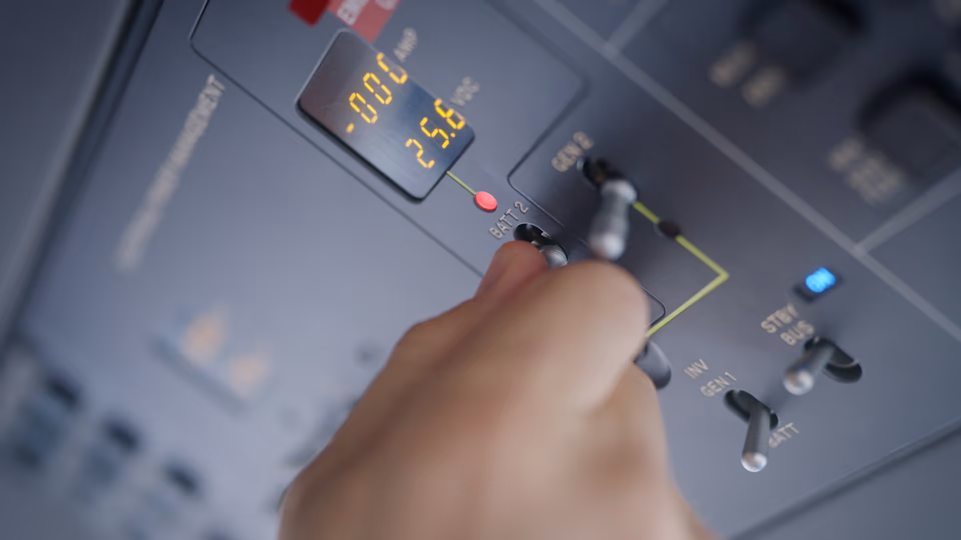 Hand adjusting aircraft cockpit switch with illuminated digital display showing voltage.