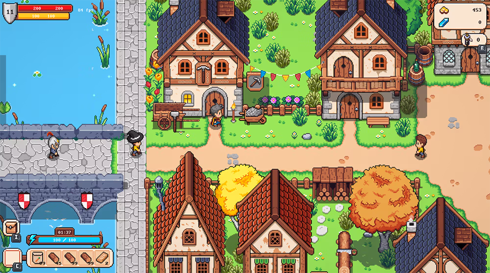 Animated fantasy marketplace scene in Arcadia, featuring pixel-art characters, colorful stalls, and lively village details, highlighting the social and trading aspect of the open-world game.