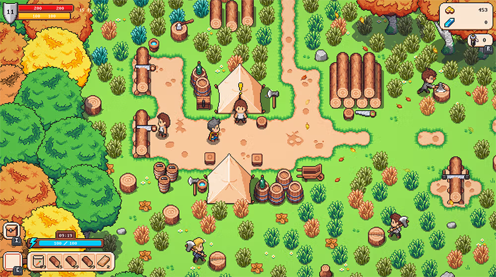 Fantasy forest environment from Arcadia’s virtual world, with dense pixel-art style trees and a mystical atmosphere, representing part of the open-world setting for quests and adventures.