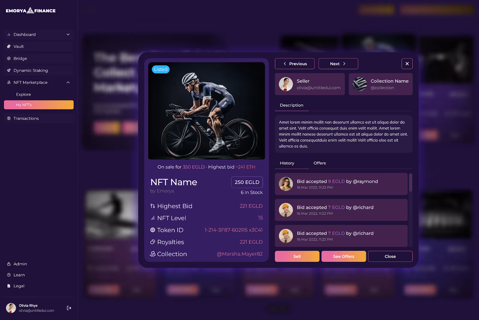 NFT detail screen on Emorya Finance platform showing a digital collectible of a cyclist, with information on bids, token ID, royalties, and offers within the NFT marketplace.