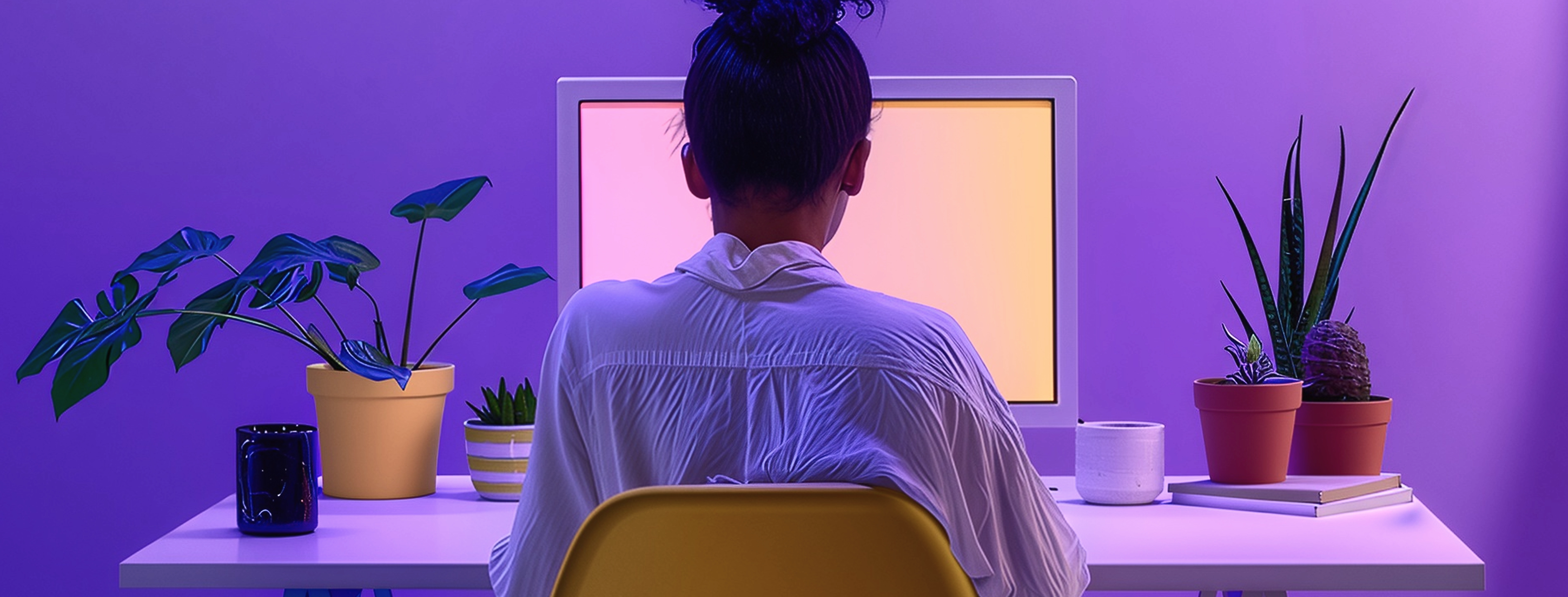 Person in white shirt sitting at desk with colorful gradient screen and potted plants on both sides.