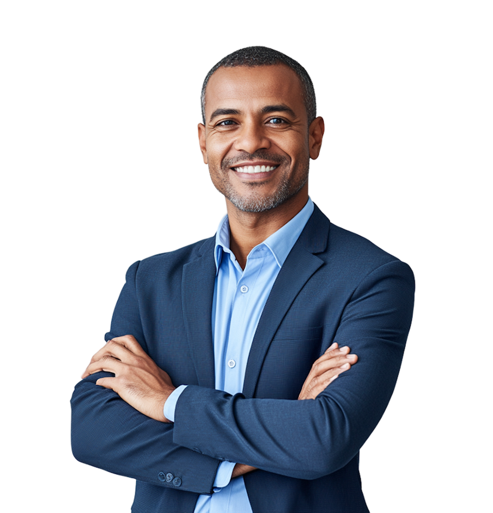 Smiling professional man in a navy blazer and light blue shirt with arms crossed.