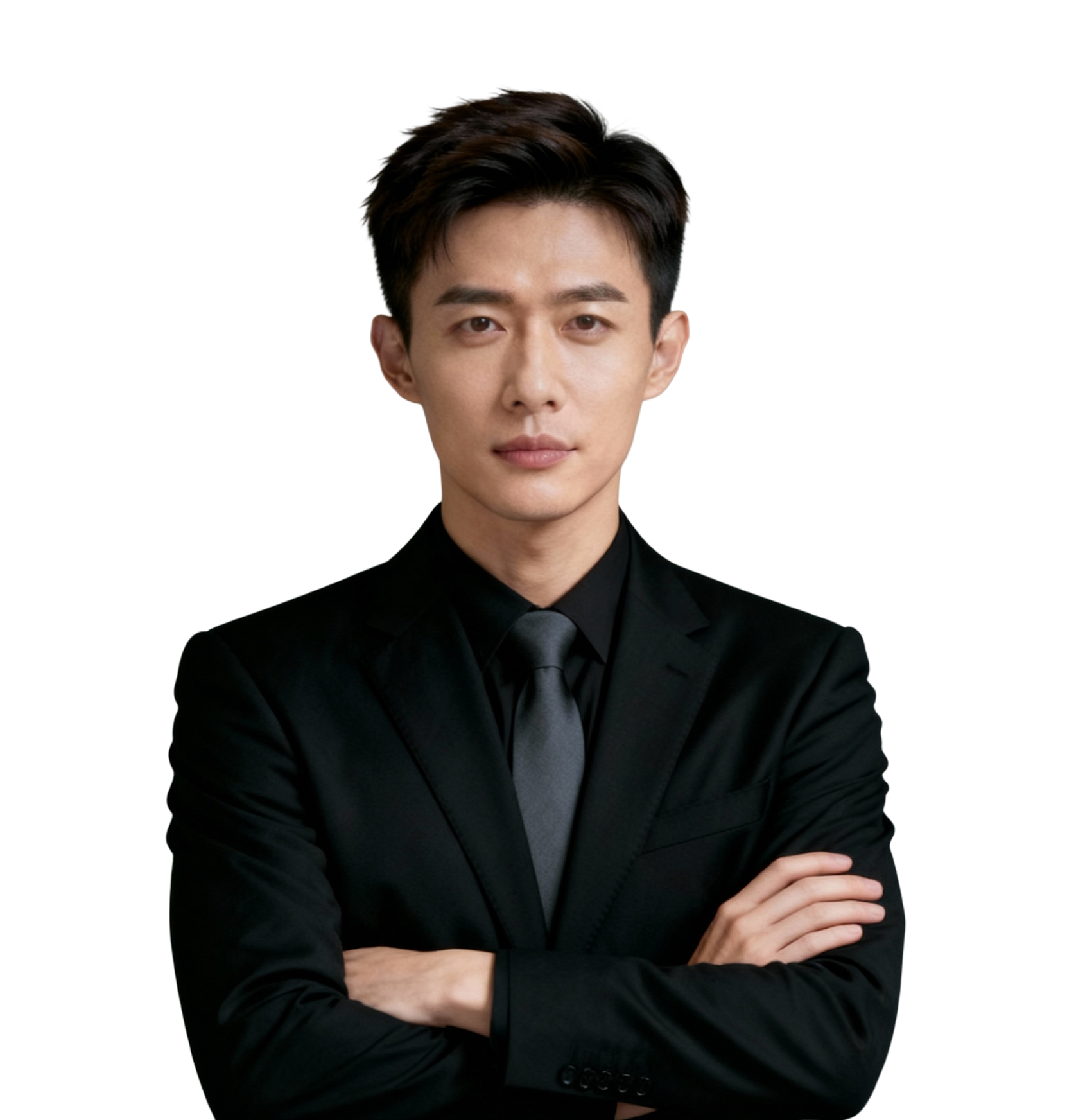 Confident young man in a black suit with arms crossed, facing forward.