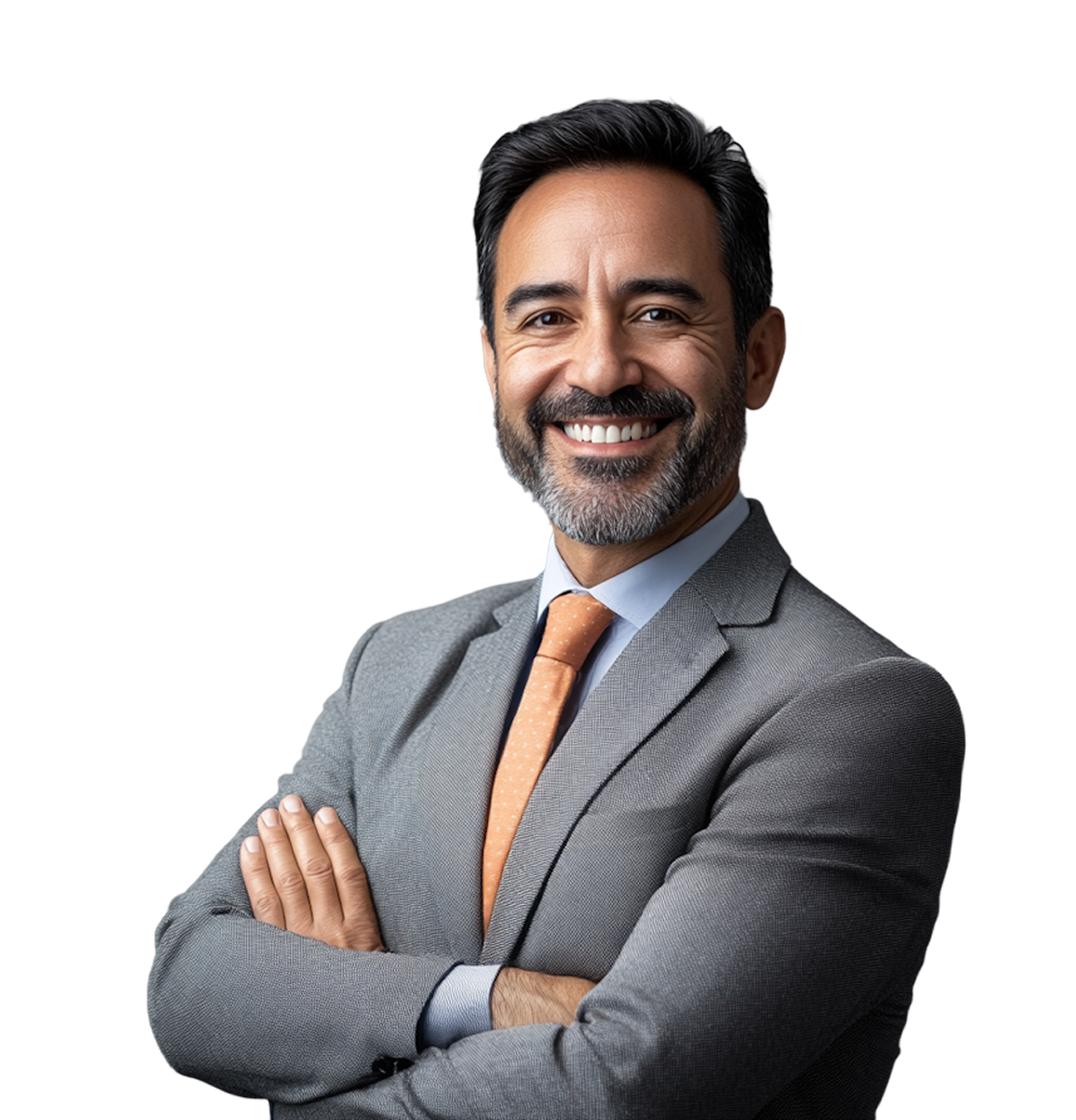 Smiling man with dark hair and beard wearing a gray suit and orange tie, arms crossed.