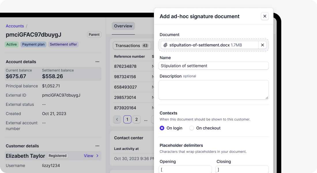 Ad hoc signature document attached to an account in Console
