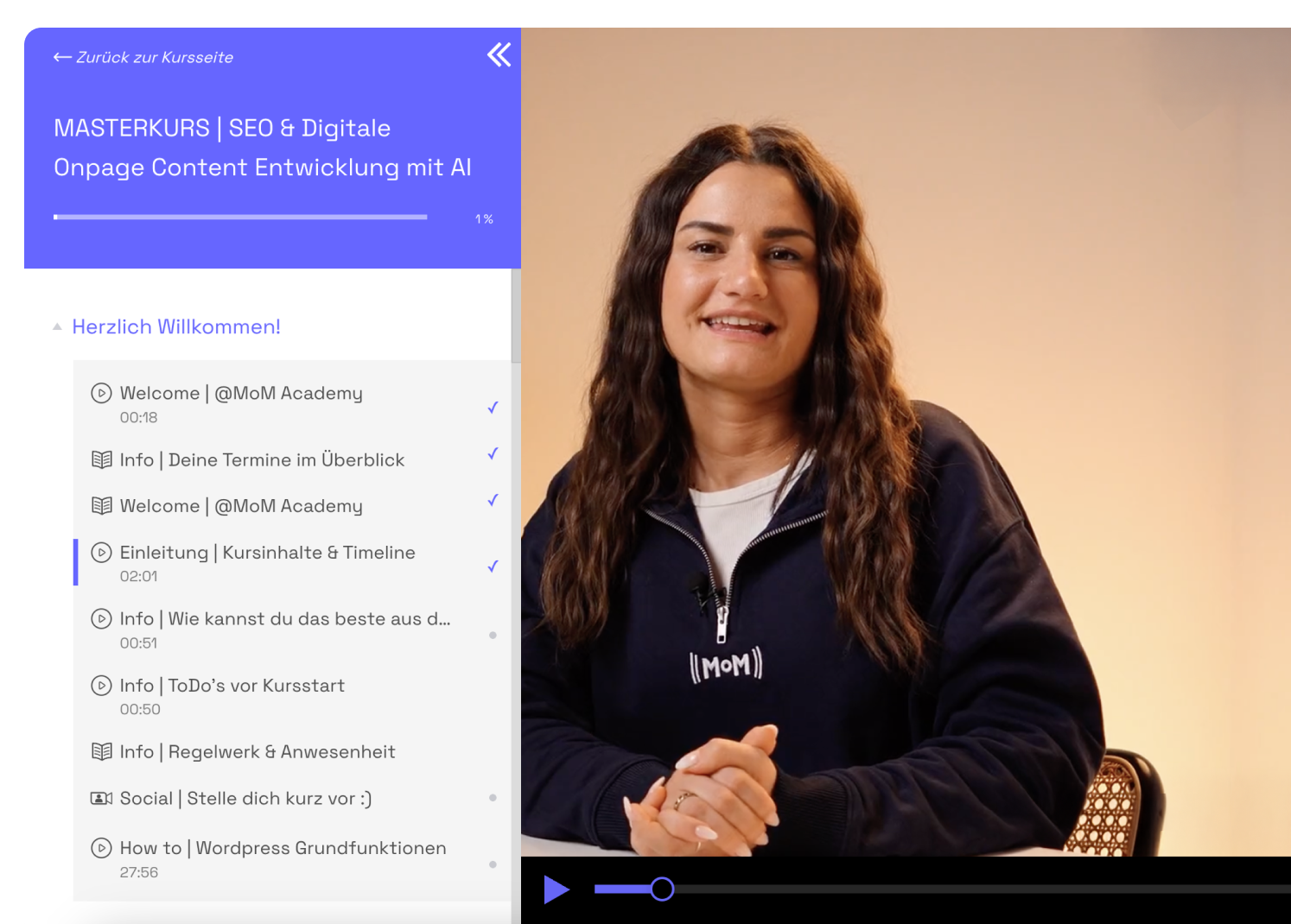 A screenshot of the masters of marketing online learning platform UI