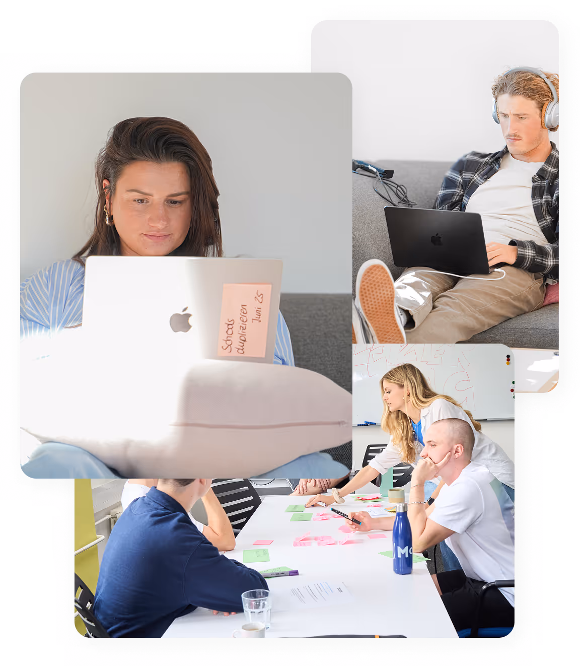 Collage of people working: a woman with a laptop, a man with headphones using a laptop on a couch, and a group collaborating around a table with colorful sticky notes.