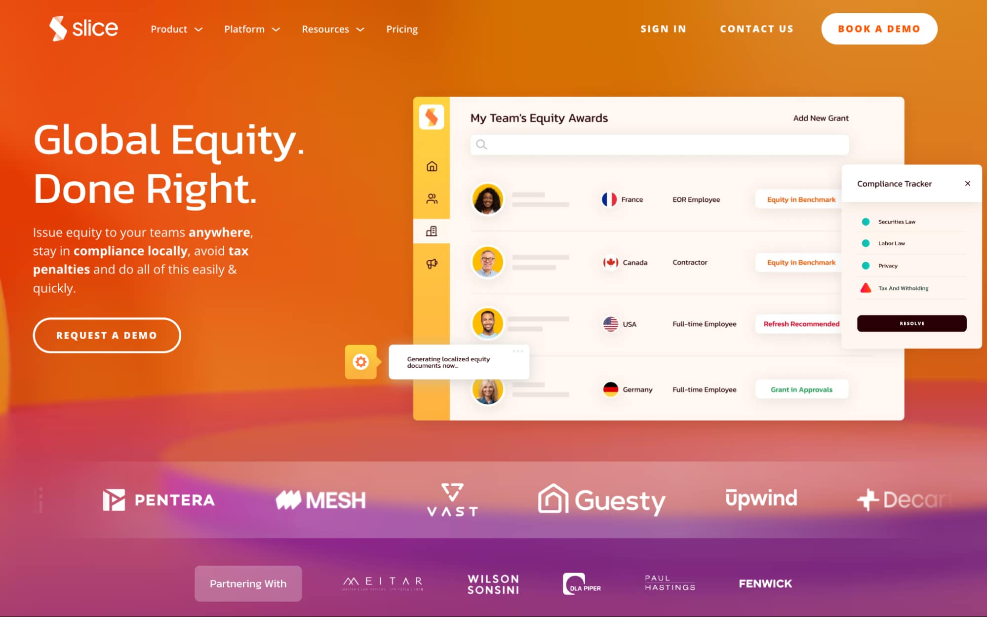 Slice global equity platform dashboard showing international employee equity awards, compliance tracking, tax alerts, and localized documents.