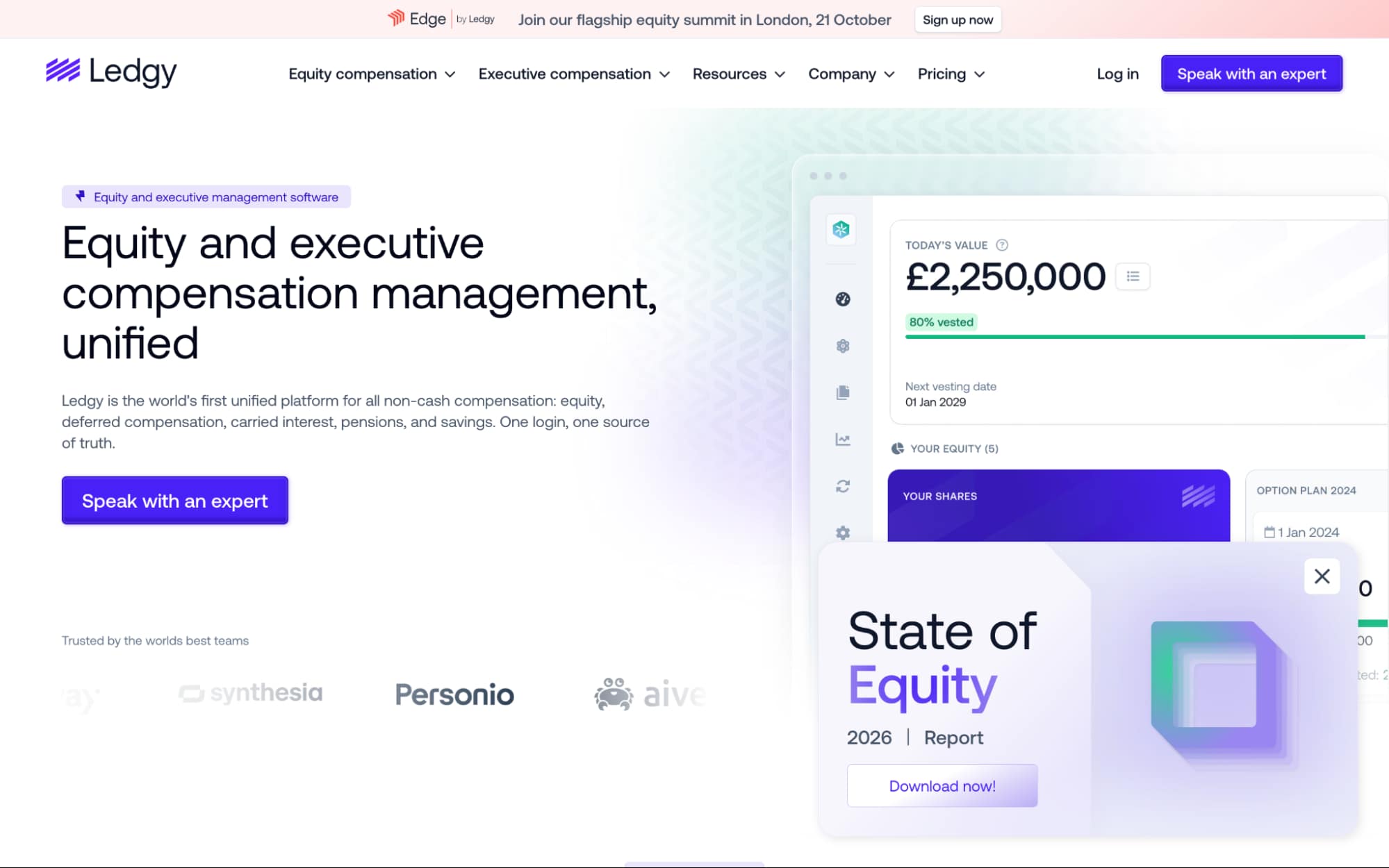 Ledgy equity and executive compensation platform showing equity value, vesting details, share plans, and compensation management.