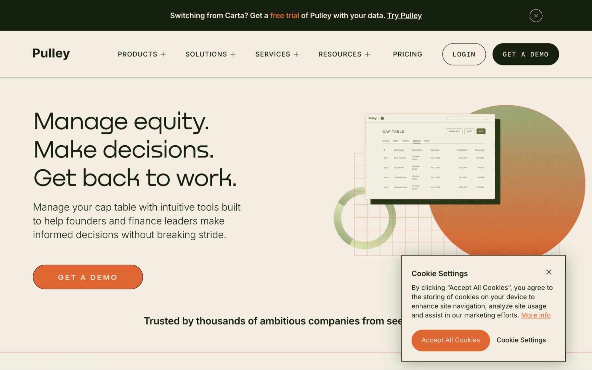 Pulley cap table management platform homepage showing equity management tools designed for founders and finance teams.