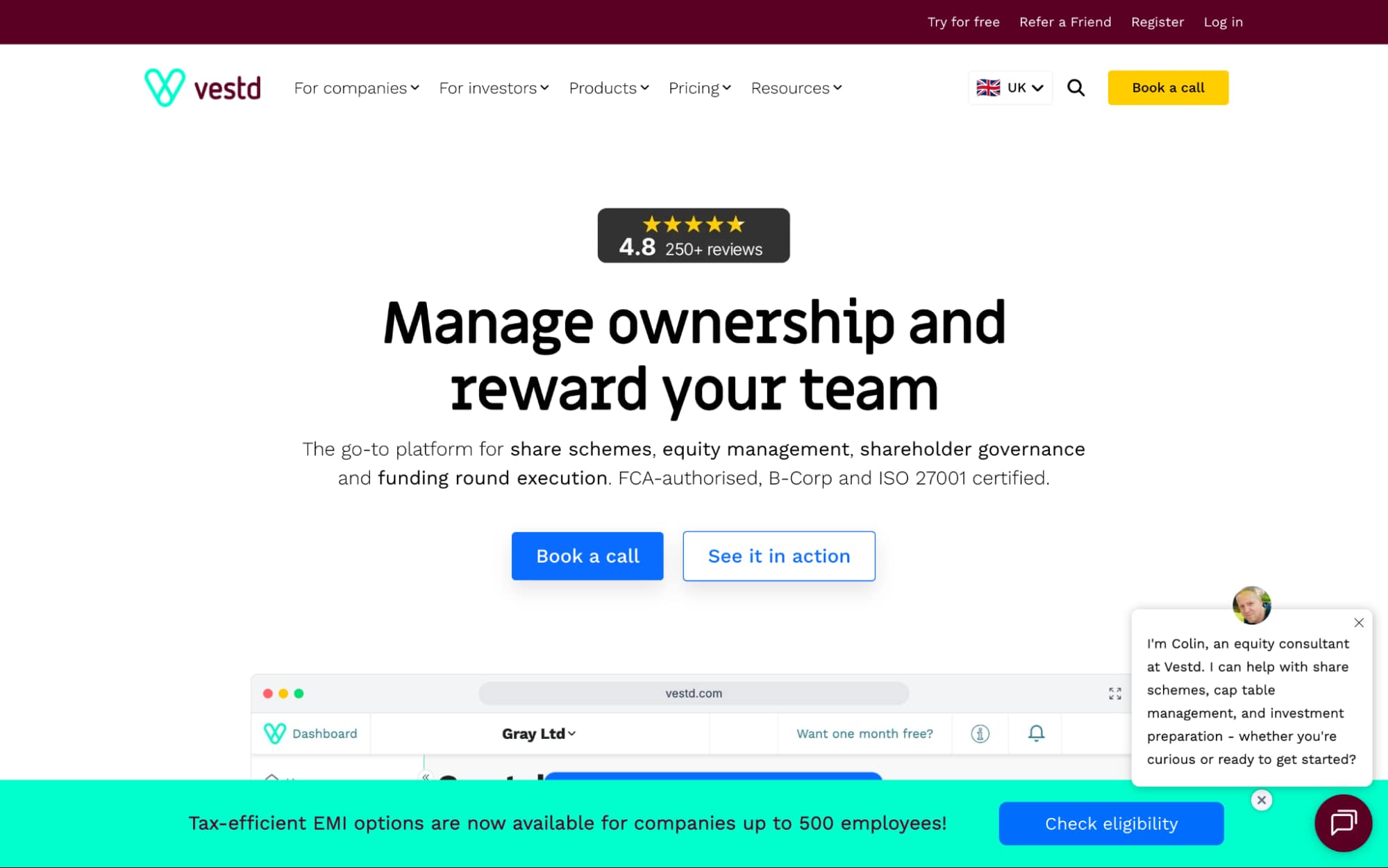 Vestd equity management platform homepage for managing share schemes, company ownership, shareholder governance, and funding rounds.
