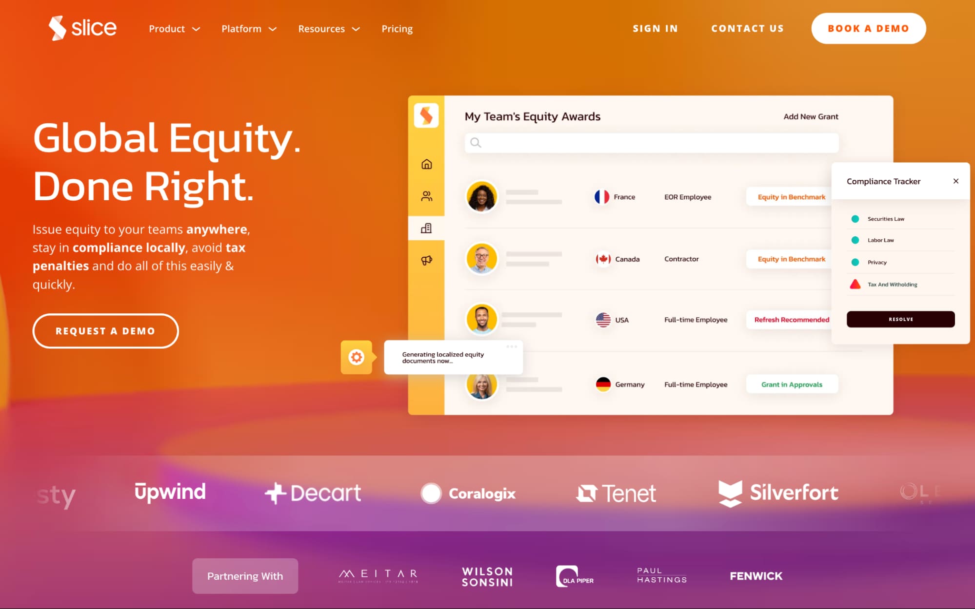Slice global equity platform showing international equity awards, compliance tracking, tax alerts, and employee grants across multiple countries.