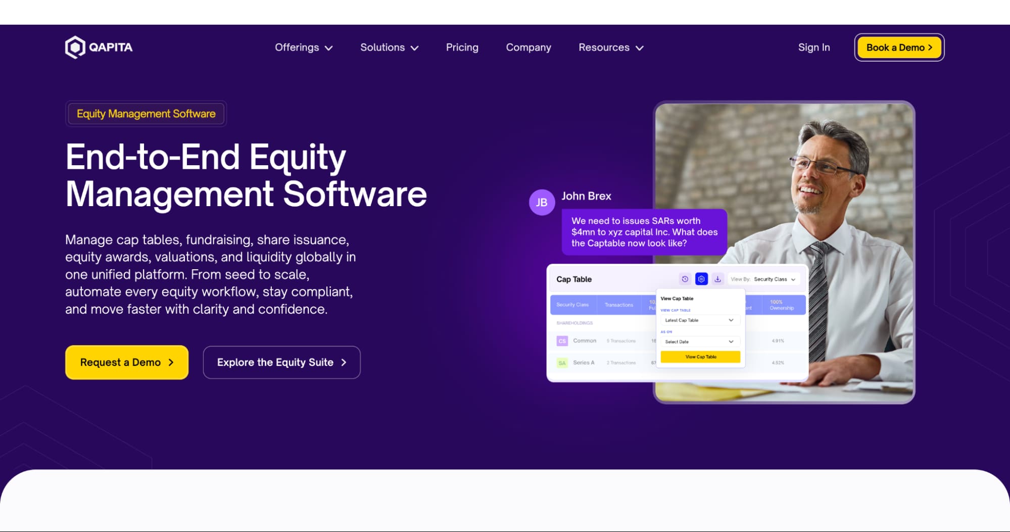 Qapita equity management platform for cap tables, fundraising, share issuance, equity awards, valuations, compliance, and liquidity.