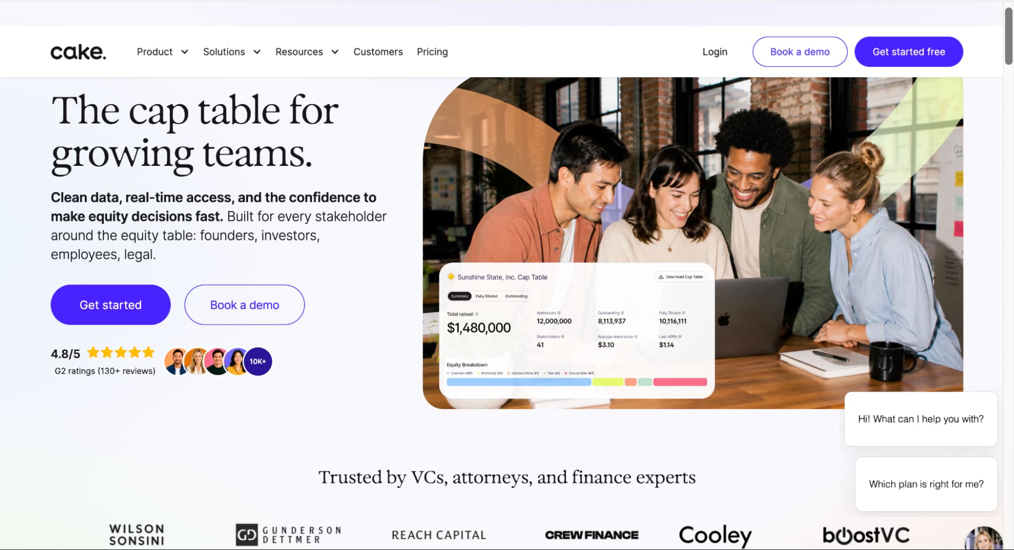 Cake cap table platform for growing teams, offering real-time equity data to help founders, investors, employees, and legal teams make decisions.