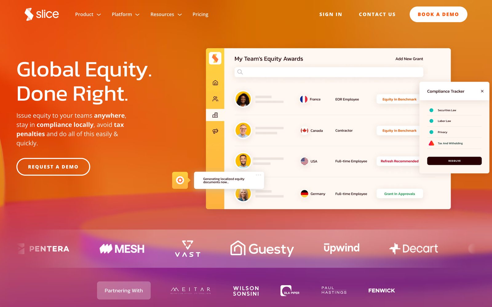 Slice homepage showcasing global equity management, employee equity awards, local compliance tracking, and a request demo button.