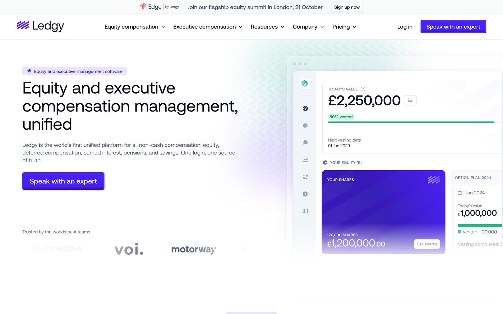 Ledgy homepage showcasing its unified equity and executive compensation management platform, with a dashboard displaying share values and vesting.
