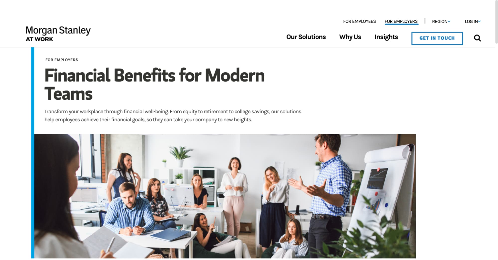 Morgan Stanley at Work homepage highlighting employee financial benefits, including equity, retirement, and savings.