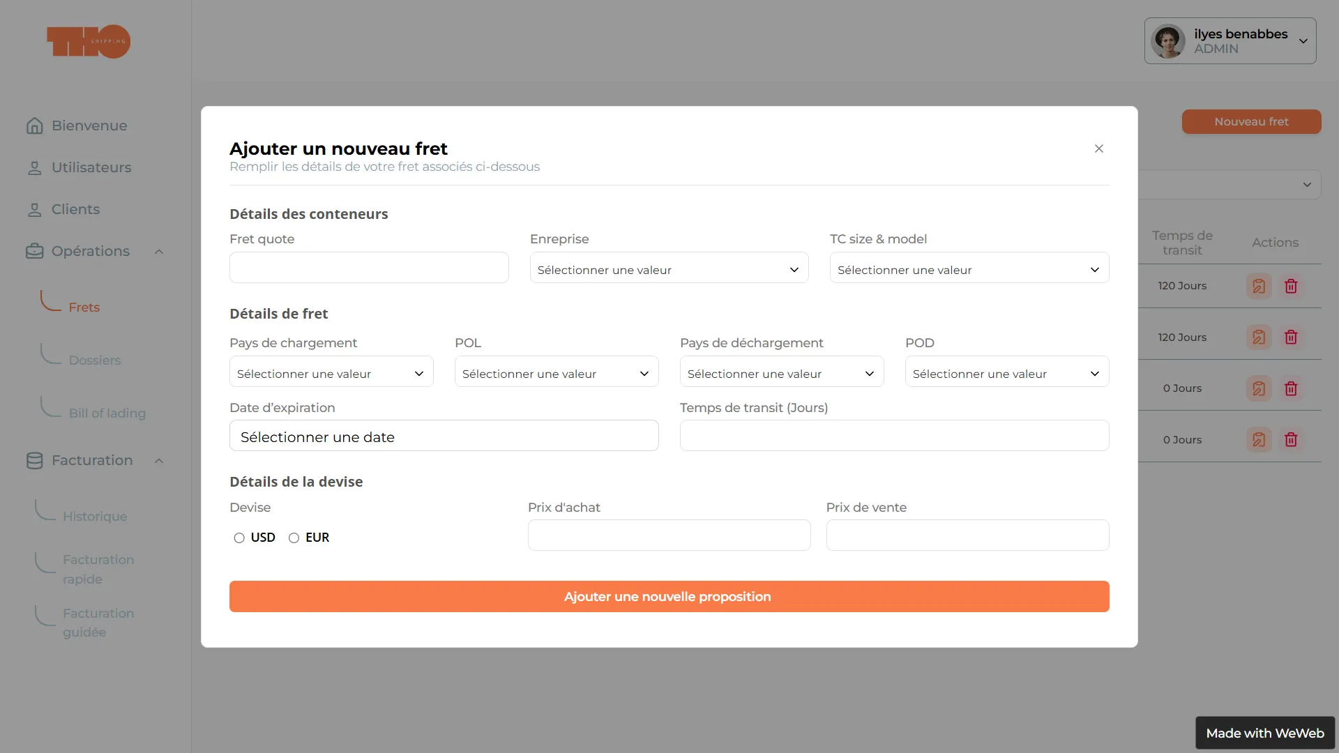 Formulaire en français pour ajouter un nouveau fret avec des champs pour les détails des conteneurs, fret, devise, et un bouton orange pour ajouter une nouvelle proposition.