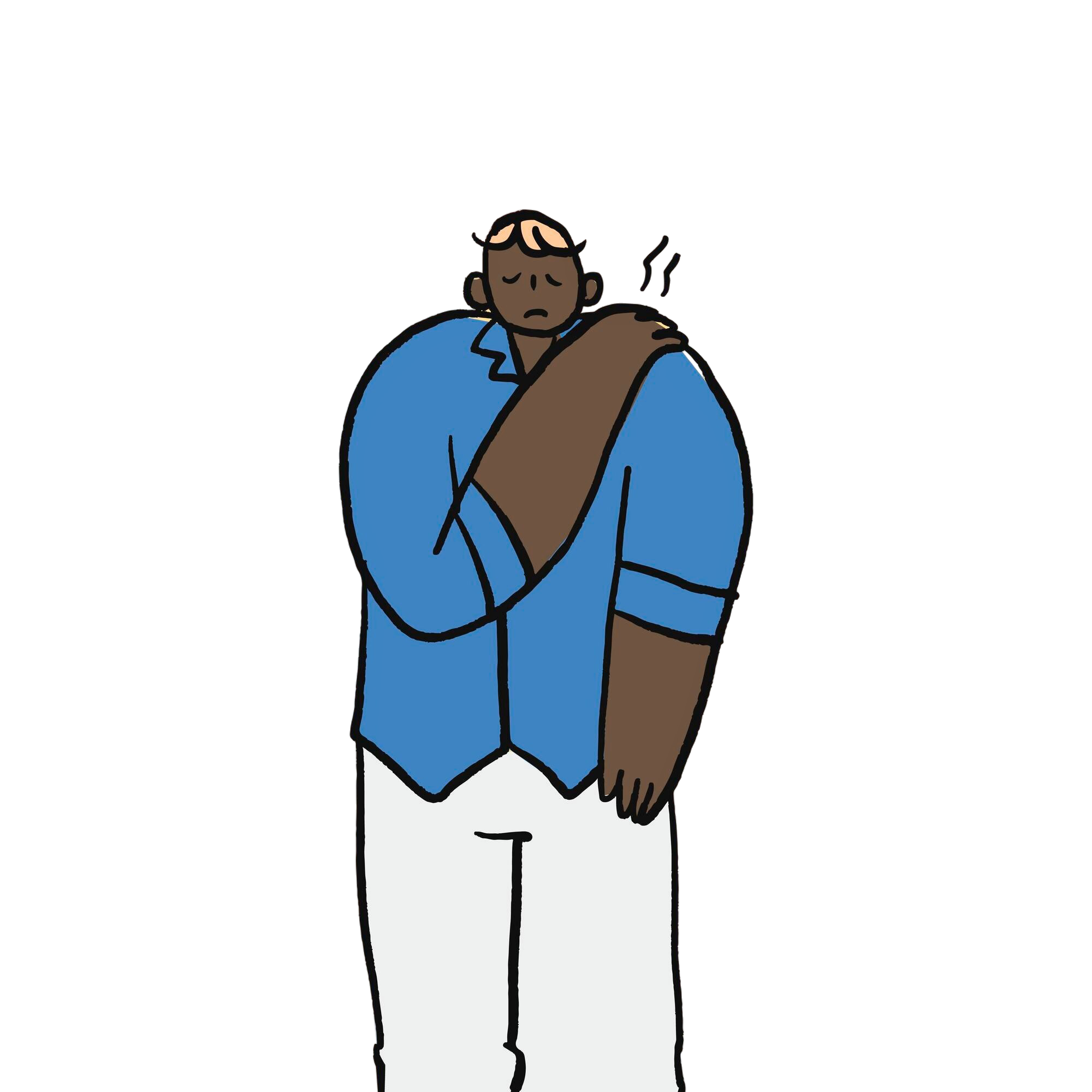 Image of a men sitting down and holding  a laptop while he tries to massage his neck with one hand and shows an irritated, in pain face