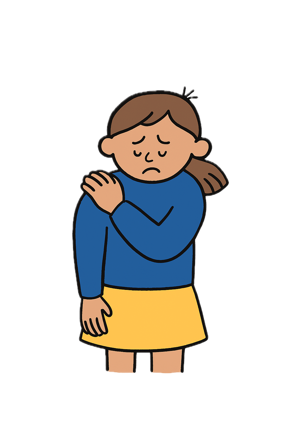 An image of a little girl sitting on the margin of a bed and showing signs of back and neck pain