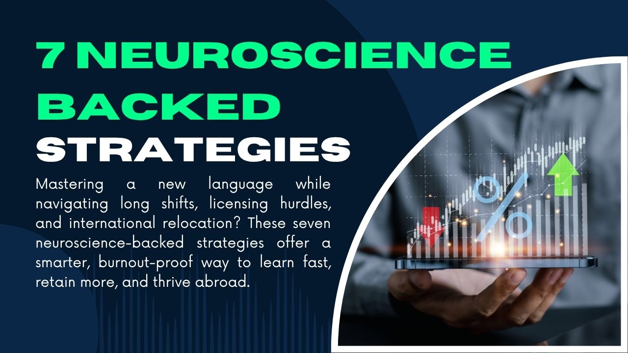 Cover image showing a nurse and doctor learning a new language with brain graphics and icons representing neuroscience-backed strategies