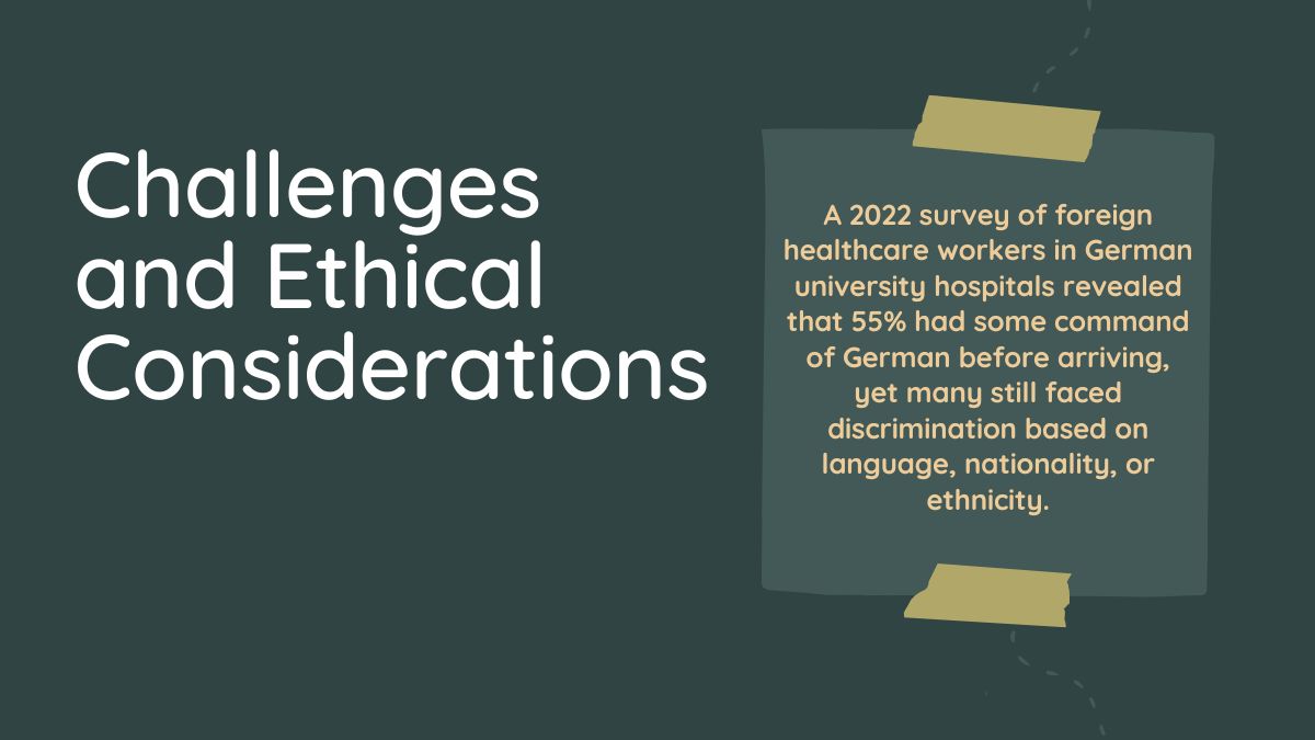 Visual illustrating ethical concerns in international nurse recruitment, such as brain drain and workplace discrimination