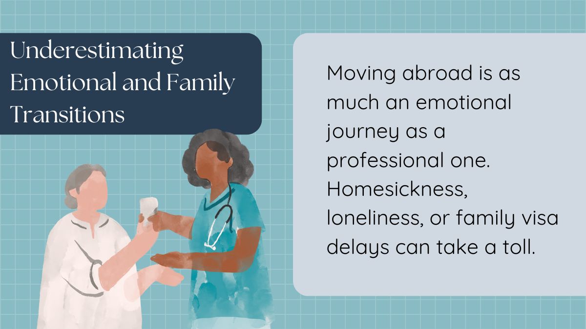 Nurse with suitcase and family in the background, highlighting the emotional and logistical aspects of moving abroad