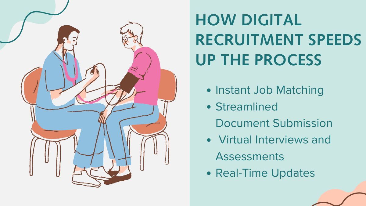 Nurse using laptop for fast job matching and document submission through digital recruitment platform