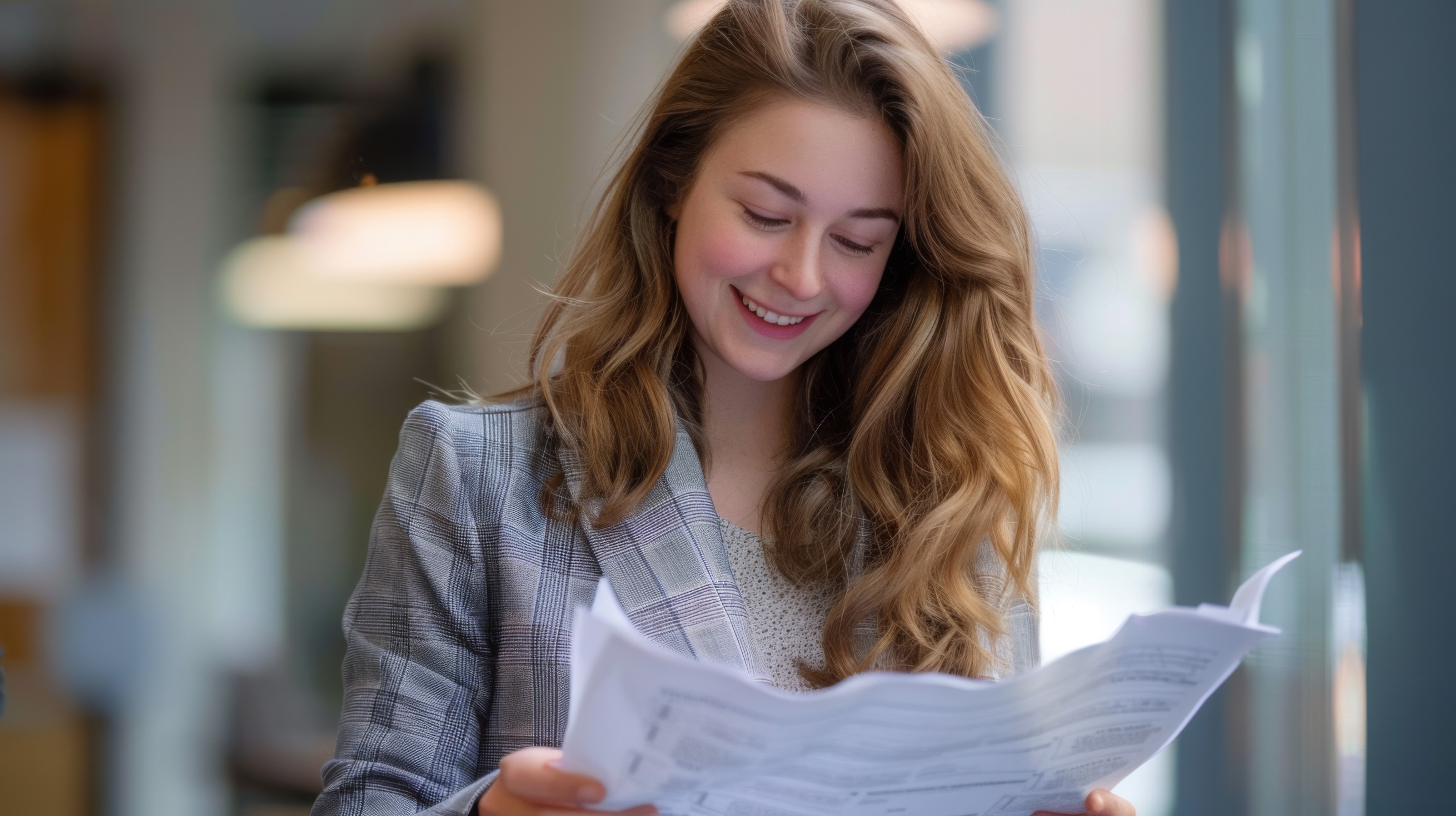 woman reading a document while smiling at Tern