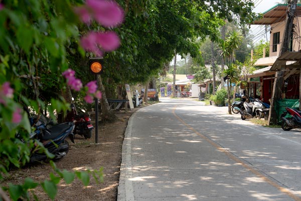 Solar-powered traffic light on tropical street