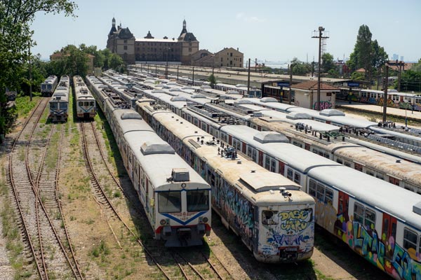 Graffiti-covered trains at Haydarpaşa station