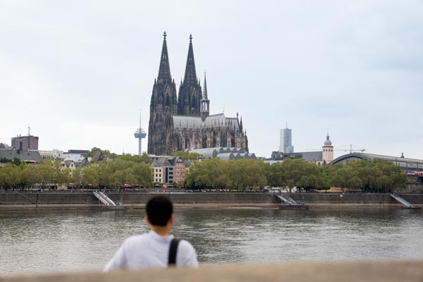Cologne Cathedral above the Rhine riverfront skyline