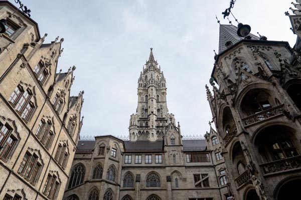 New Town Hall tower above Munich courtyard