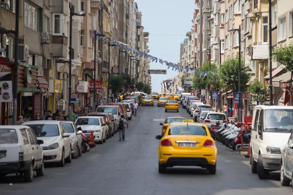 Yellow taxis on busy Istanbul street