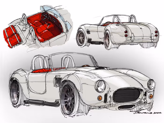 The final design for AHF's Mk4 Roadster is a white exterior with red leather interior, which will be revealed at the 2023 SEMA Show