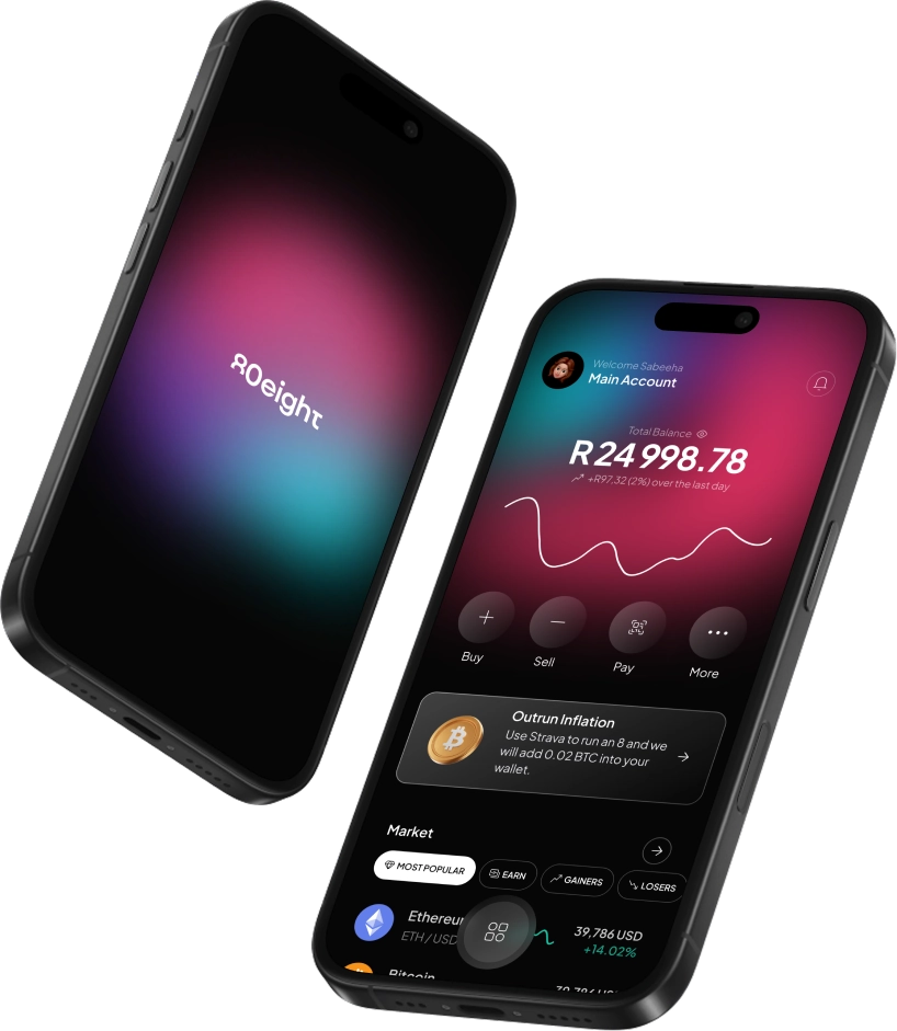 Two angled smartphones showing a financial app with a user balance of R24,998.78, market data, and options to buy, sell, pay, and more.