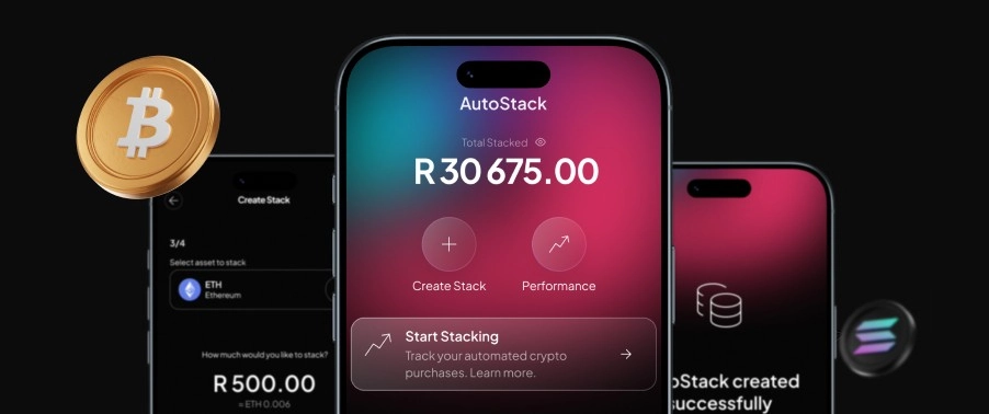Mobile app interface showing AutoStack crypto wallet with total stacked amount of R30,675.00 and options for creating a stack and viewing performance, alongside Bitcoin and Solana icons.
