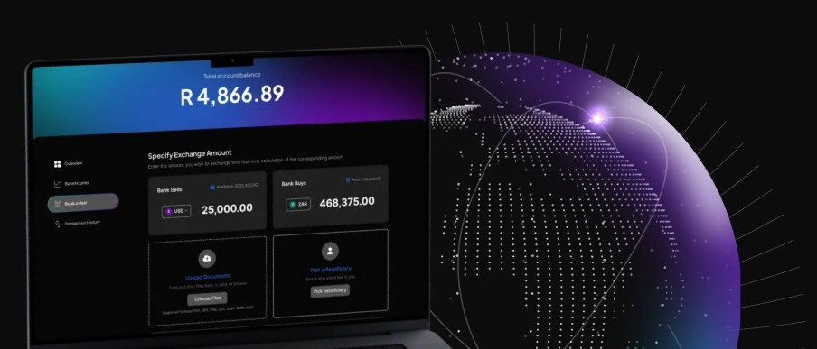 Laptop screen showing a digital currency exchange interface with total account balance R 4,866.89 and options to specify exchange amount between USD and ZAR, alongside a stylized purple globe with connected dots and lines.
