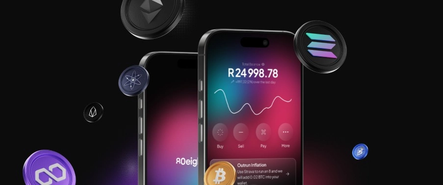 Two smartphones displaying a digital wallet interface with cryptocurrency icons floating around them.