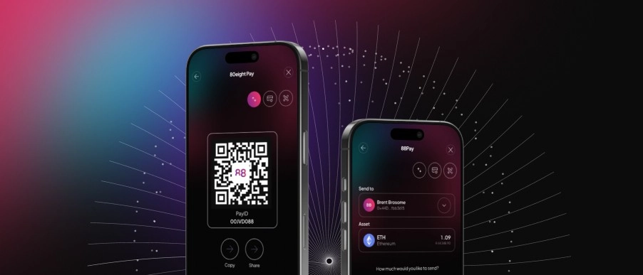 Two smartphones display screens of a payment app showing a QR code for PayID and an Ethereum transaction to a recipient.